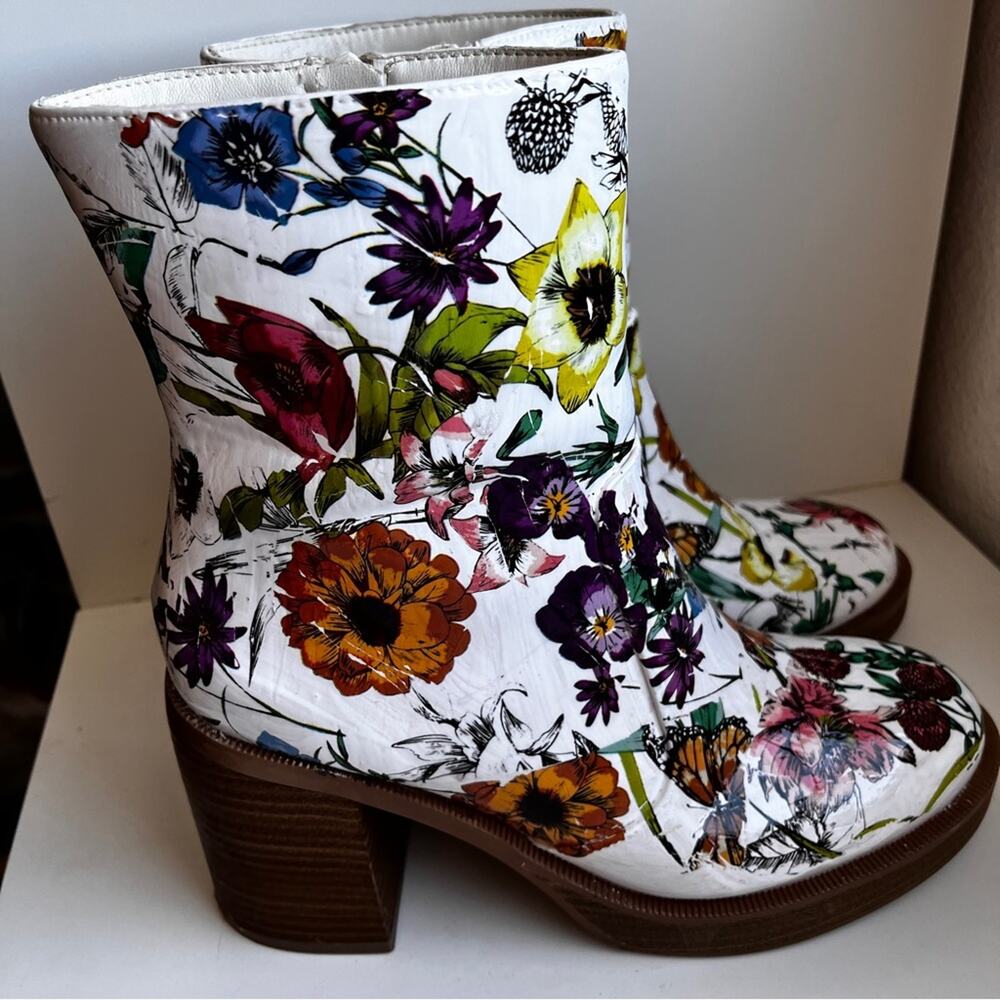 Unique custom floral foiled distressed look mid calf heeled ankle boots size 7 - Picture 4 of 11